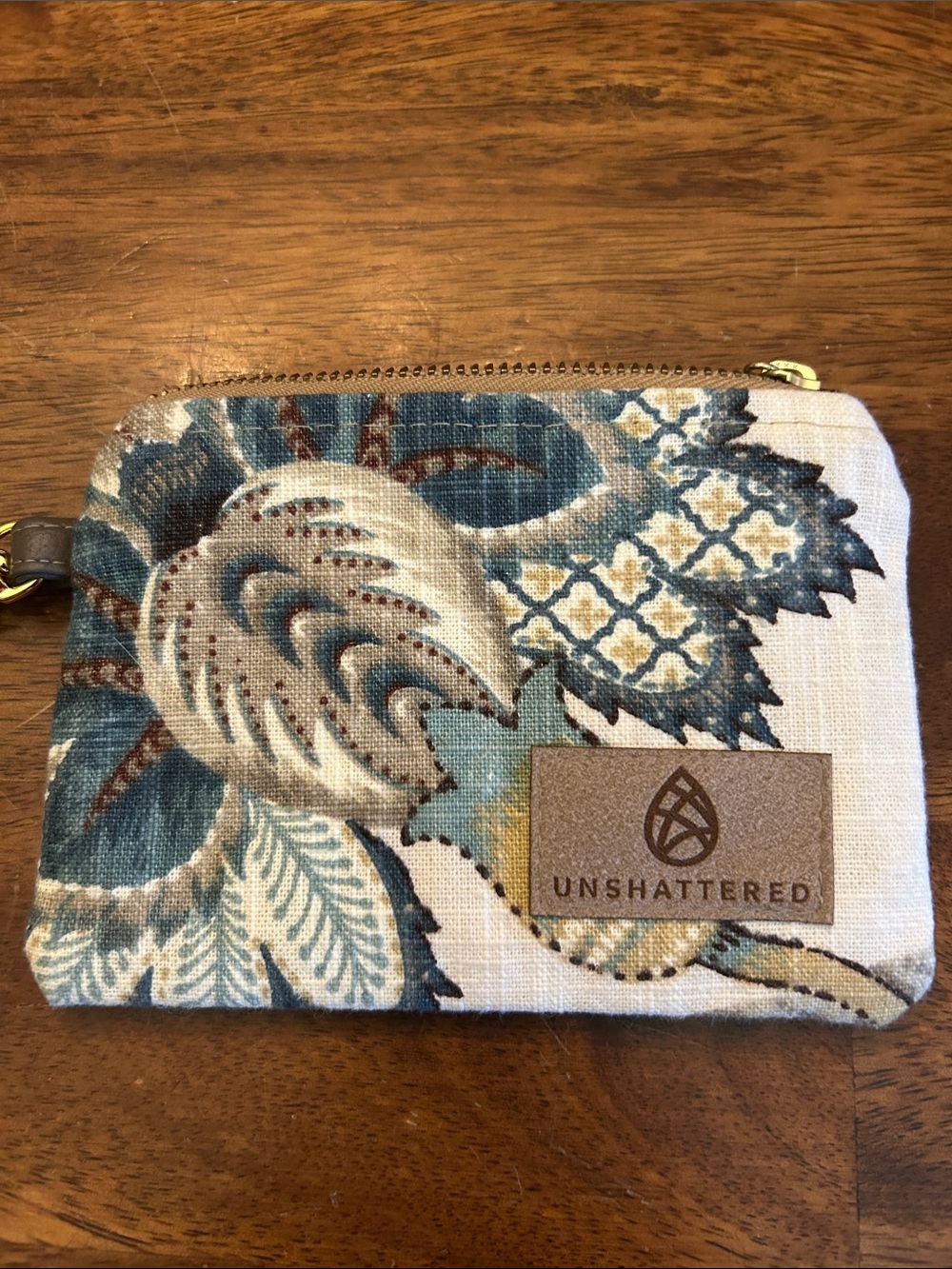 Unshattered Fabric Wristlet w/Brown Faux Leather Wrist Strap & Zipper Closure